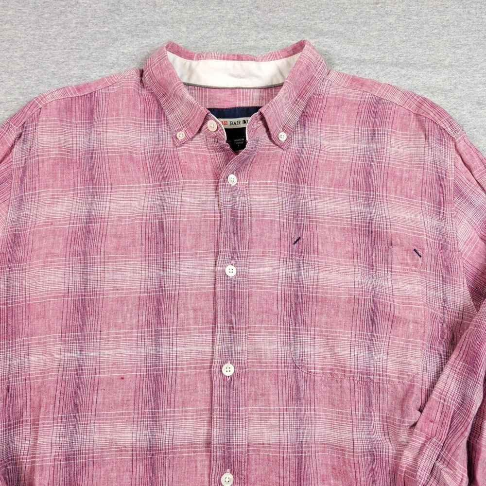 32 Bar Blues Mens Linen Cotton Plaid Button Down Shirt Red Purple Large L